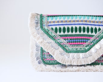 Bohemian style beaded clutch bags with Aztec pattern-colorful boho crossbody bags-embellished bags for women gifts-gifts for her-beaded bag