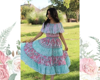Soft cotton print dress in aqua blue, pink floral print midi dress-off shoulder dress- gift for women-cotton loungewear twirl dress