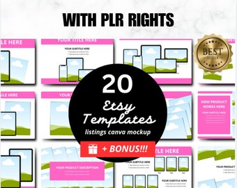 Op de afbeelding: Een set van 20 roze en groene Etsy-listingtemplates voor Canva-mockups. De templates bevatten een verscheidenheid aan ontwerpen, waaronder afbeeldingen van telefoons, wolken en gras. De tekst "20 Etsy-templates" en "listings canva mockup" is opgenomen in de afbeelding. De afbeelding bevat ook een bonuspictogram.