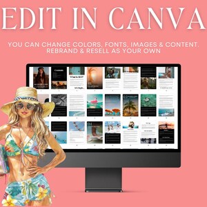 Puede incluir: Una mujer con un traje de ba&ntilde;o y un sombrero se encuentra frente a una pantalla de computadora que muestra un libro electr&oacute;nico digital con el texto "EDIT IN CANVA" y "YOU CAN CHANGE COLORS, FONTS, IMAGES & CONTENT. REBRAND & RESELL AS YOUR OWN".
