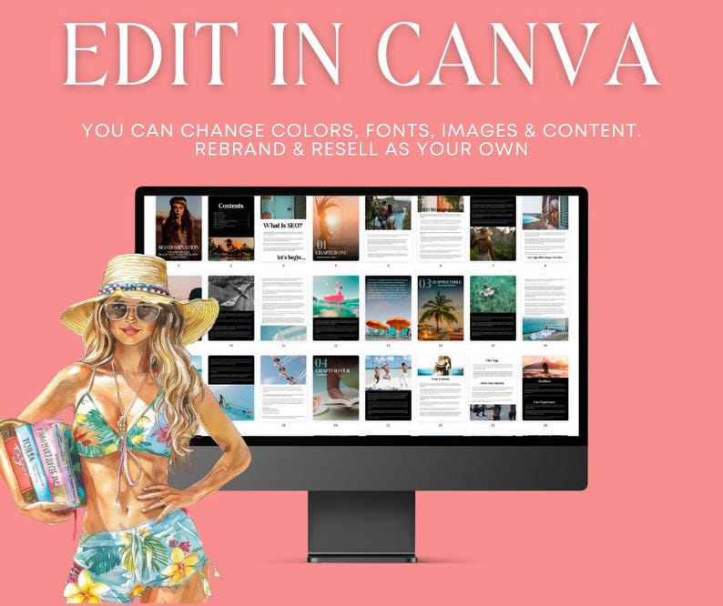 Puede incluir: Una mujer con un traje de ba&ntilde;o y un sombrero se encuentra frente a una pantalla de computadora que muestra un libro electr&oacute;nico digital con el texto "EDIT IN CANVA" y "YOU CAN CHANGE COLORS, FONTS, IMAGES & CONTENT. REBRAND & RESELL AS YOUR OWN".