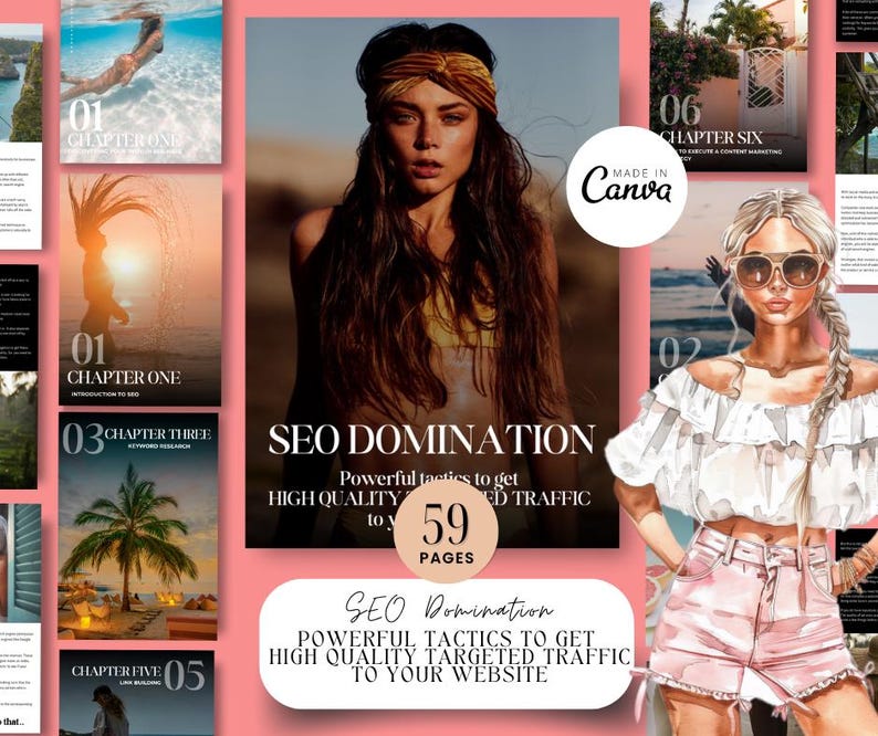 Puede incluir: Una portada de libro electr&oacute;nico digital con una mujer con un pa&ntilde;uelo de colores y un atuendo rosa y blanco. La portada tiene el t&iacute;tulo "SEO Domination" y el texto "T&aacute;cticas poderosas para obtener tr&aacute;fico dirigido de alta calidad a tu sitio web". La portada tambi&eacute;n incluye el n&uacute;mero "59" y el texto "P&aacute;ginas".