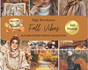 May include: A collage of autumn-themed images, including a woman holding a leaf, a cup of coffee, a book with fall leaves, and a car driving down a road with fall foliage. The text "High Resolution Fall Vibes Autumn Stock Photo Collection 140 Photos with MRR/PLR" is displayed on the collage.