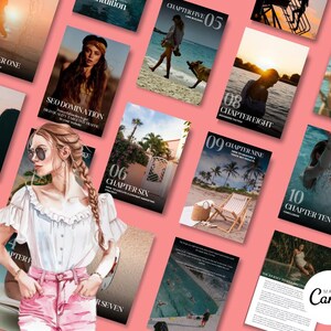 Puede incluir: Una colecci&oacute;n de cap&iacute;tulos de una gu&iacute;a de marketing digital con t&iacute;tulos como "SEO Domination", "Cap&iacute;tulo Cinco: Link Building" y "Cap&iacute;tulo Ocho: T&aacute;cticas Avanzadas". Los cap&iacute;tulos est&aacute;n dispuestos sobre un fondo rosa con una mujer con una camisa blanca y pantalones cortos rosas de pie en el centro.