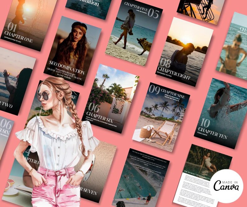 Puede incluir: Una colecci&oacute;n de cap&iacute;tulos de una gu&iacute;a de marketing digital con t&iacute;tulos como "SEO Domination", "Cap&iacute;tulo Cinco: Link Building" y "Cap&iacute;tulo Ocho: T&aacute;cticas Avanzadas". Los cap&iacute;tulos est&aacute;n dispuestos sobre un fondo rosa con una mujer con una camisa blanca y pantalones cortos rosas de pie en el centro.