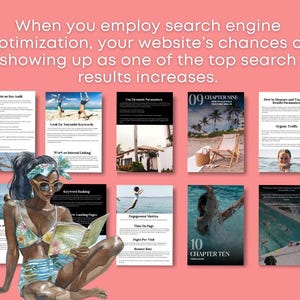 Puede incluir: Un collage de im&aacute;genes con consejos para mejorar la optimizaci&oacute;n del motor de b&uacute;squeda (SEO) de un sitio web. Las im&aacute;genes incluyen texto como "Auditor&iacute;a SEO completa", "Buscar palabras clave period&iacute;sticas", "Trabajar en la vinculaci&oacute;n interna", "Clasificaci&oacute;n de palabras clave", "P&aacute;ginas de destino", "M&eacute;tricas de participaci&oacute;n", "Tiempo en la p&aacute;gina", "P&aacute;ginas por visita", "Tasa de rebote", "C&oacute;mo medir y rastrear los par&aacute;metros de resultados de SEO", "Tr&aacute;fico org&aacute;nico", "Cap&iacute;tulo nueve", "Cap&iacute;tulo diez".