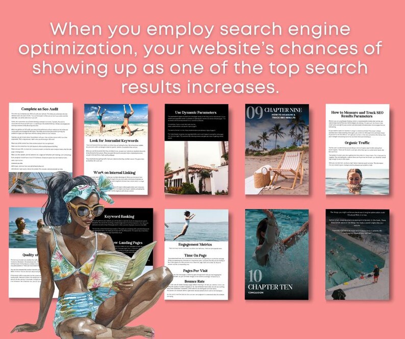 Puede incluir: Un collage de im&aacute;genes con consejos para mejorar la optimizaci&oacute;n del motor de b&uacute;squeda (SEO) de un sitio web. Las im&aacute;genes incluyen texto como "Auditor&iacute;a SEO completa", "Buscar palabras clave period&iacute;sticas", "Trabajar en la vinculaci&oacute;n interna", "Clasificaci&oacute;n de palabras clave", "P&aacute;ginas de destino", "M&eacute;tricas de participaci&oacute;n", "Tiempo en la p&aacute;gina", "P&aacute;ginas por visita", "Tasa de rebote", "C&oacute;mo medir y rastrear los par&aacute;metros de resultados de SEO", "Tr&aacute;fico org&aacute;nico", "Cap&iacute;tulo nueve", "Cap&iacute;tulo diez".