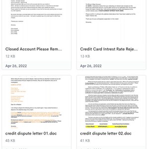 May include: Four documents related to credit card accounts. The first document is titled "Closed Account Please Remind Me." The second document is titled "Credit Card Interest Rate Rejection." The third document is titled "Credit Dispute Letter 01.doc." The fourth document is titled "Credit Dispute Letter 02.doc."