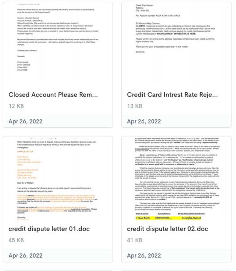 May include: Four documents related to credit card accounts. The first document is titled "Closed Account Please Remind Me." The second document is titled "Credit Card Interest Rate Rejection." The third document is titled "Credit Dispute Letter 01.doc." The fourth document is titled "Credit Dispute Letter 02.doc."
