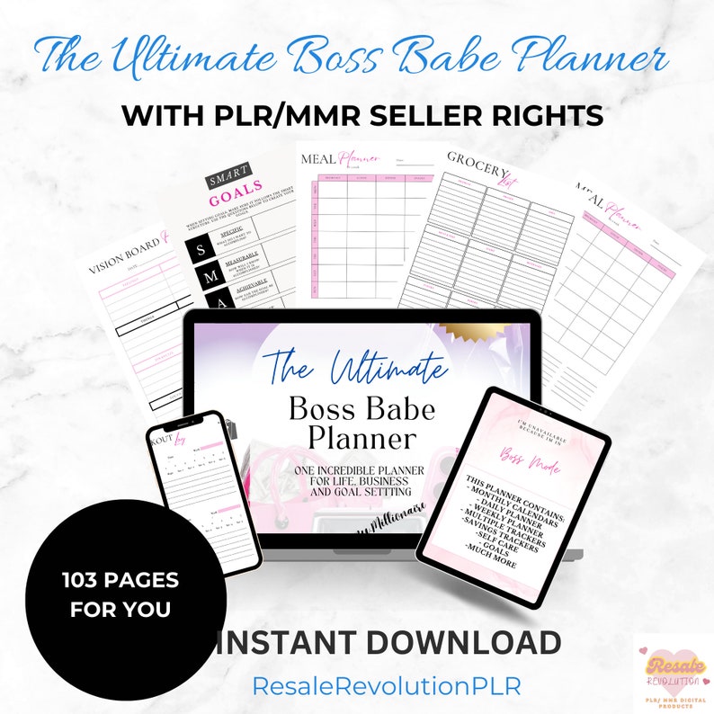 Puede incluir: Una maqueta de producto digital que presenta un planificador rosa y blanco con el texto "The Ultimate Boss Babe Planner" y "103 Pages for You". El planificador se muestra en la pantalla de una computadora port&aacute;til y un tel&eacute;fono inteligente. El texto "Descarga instant&aacute;nea" y "ResaleRevolutionPLR" tambi&eacute;n es visible.