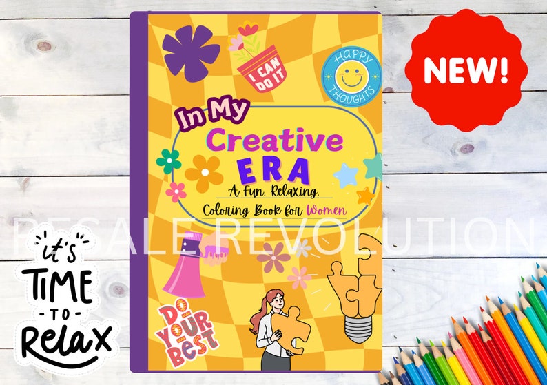 Puede incluir: Un libro para colorear amarillo y morado con el t&iacute;tulo "In My Creative Era: Un libro para colorear divertido y relajante para mujeres". La portada presenta una bombilla, flores y una mujer sosteniendo una pieza de rompecabezas.