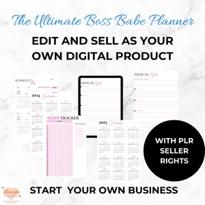 Puede incluir: Una plantilla de planificador digital con el texto "The Ultimate Boss Babe Planner" y "Edit and Sell as Your Own Digital Product". El planificador incluye un calendario, un rastreador de sue&ntilde;o y un registro de entrenamiento. El texto "With PLR Seller Rights" y "Start Your Own Business" tambi&eacute;n est&aacute; incluido.