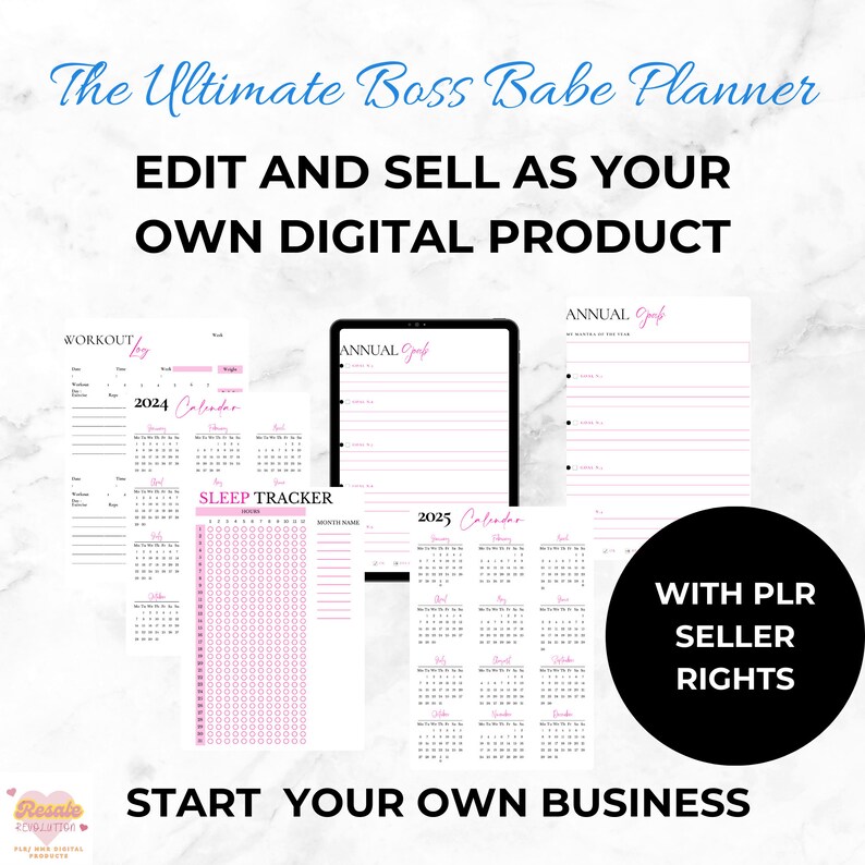 Puede incluir: Una plantilla de planificador digital con el texto "The Ultimate Boss Babe Planner" y "Edit and Sell as Your Own Digital Product". El planificador incluye un calendario, un rastreador de sue&ntilde;o y un registro de entrenamiento. El texto "With PLR Seller Rights" y "Start Your Own Business" tambi&eacute;n est&aacute; incluido.