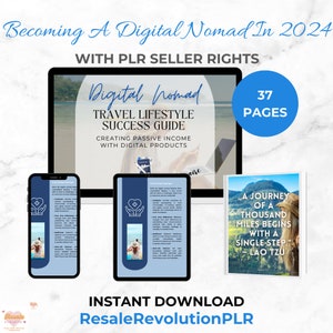 May include: A digital product mockup with a blue background and the text "Digital Nomad Travel Lifestyle Success Guide" in white. The text "Creating Passive Income with Digital Products" is also in white. The text "37 Pages" is in white on a blue circle. The text "Instant Download ResaleRevolutionPLR" is in white on a black background.