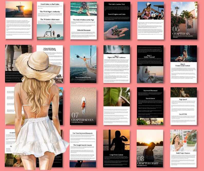 Puede incluir: Un collage de im&aacute;genes y texto sobre SEO, optimizaci&oacute;n para motores de b&uacute;squeda y marketing de contenidos. El texto incluye t&iacute;tulos como "Buenos enlaces vs. malos enlaces", "La autoridad del sitio web", "La posici&oacute;n del enlace en la p&aacute;gina", "Determina tu audiencia", "Colocaci&oacute;n de palabras clave", "Contenido de formato largo", y "Construye cap&iacute;tulos valiosos".