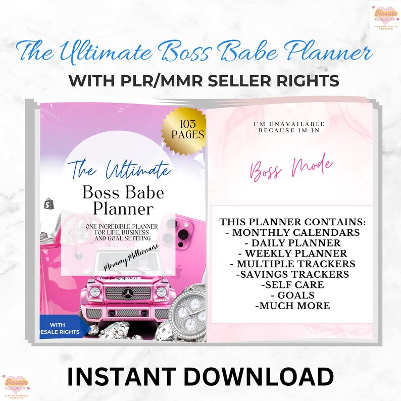 Puede incluir: Una portada de planificador digital rosa y blanca con el texto "The Ultimate Boss Babe Planner" y "105 Pages". El planificador incluye calendarios mensuales, planificadores diarios, planificadores semanales, m&uacute;ltiples rastreadores, rastreadores de ahorros, autocuidado, objetivos y mucho m&aacute;s.