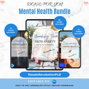 May include: A digital product bundle for mental health, featuring three ebooks and workbooks: "Healthy Boundaries", "Breaking Free From Anxiety", and "Overcoming Limiting Beliefs". Each ebook includes a page count and is labeled with "Mommy Millionaire" branding. The bundle is available for resale and is editable on Canva.