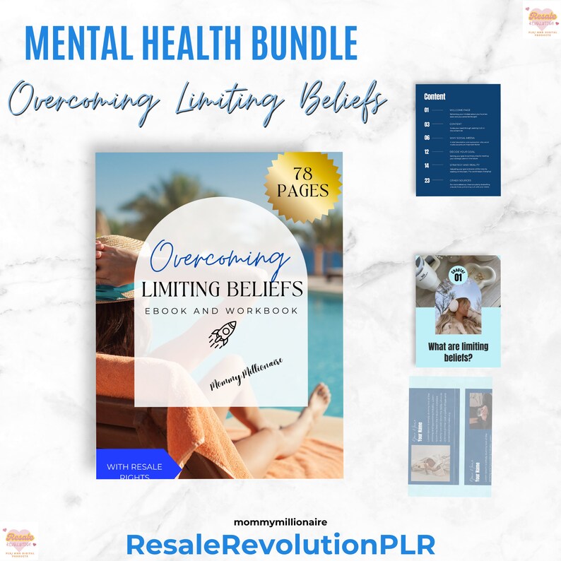 May include: A digital product bundle for overcoming limiting beliefs. The cover features a woman relaxing by a pool with the title "Overcoming Limiting Beliefs" and "Ebook and Workbook". The bundle includes 78 pages of content and has resale rights.