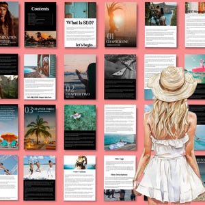 Puede incluir: Una gu&iacute;a digital para SEO, con un tema de playa. La portada presenta a una mujer con un vestido blanco y un sombrero de paja. La gu&iacute;a incluye cap&iacute;tulos sobre estrategia SEO, contenido, etiquetas de t&iacute;tulo, meta descripciones y m&aacute;s.