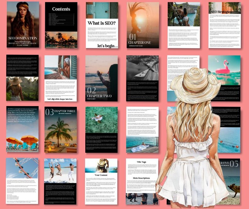 Puede incluir: Una gu&iacute;a digital para SEO, con un tema de playa. La portada presenta a una mujer con un vestido blanco y un sombrero de paja. La gu&iacute;a incluye cap&iacute;tulos sobre estrategia SEO, contenido, etiquetas de t&iacute;tulo, meta descripciones y m&aacute;s.