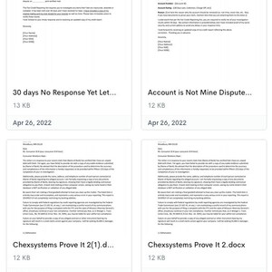 May include: Four screenshots of a computer screen showing a document with the text "30 days No Response Yet Let..." and "Account is Not Mine Dispute..." and "Chexsystems Prove It 2(1).d..." and "Chexsystems Prove It 2.docx". Each screenshot also includes the date "Apr 26, 2022" and the file size in KB.