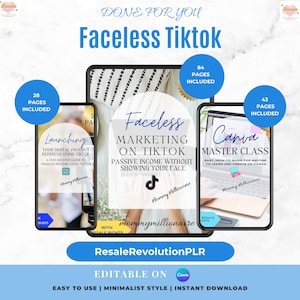 Könnte beinhalten: Drei digitale Produktcover für einen Kurs zum Thema Gesichtsloses TikTok-Marketing. Die Cover sind im minimalistischen Stil gehalten und in einem Rosa-Weiß-Farbschema gestaltet. Der Text auf den Covern lautet: "Launching Your Digital Product Business Using TikTok", "Faceless Marketing on TikTok" und "Canva Master Class".