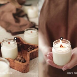 Puede incluir: Primer plano de una vela encendida en un tarro de vidrio transparente. La vela es blanca y tiene una mecha de madera. La vela est&aacute; siendo sostenida por las manos de una persona. El texto "INGRESOS PASIVOS" es visible en la esquina inferior derecha de la imagen.