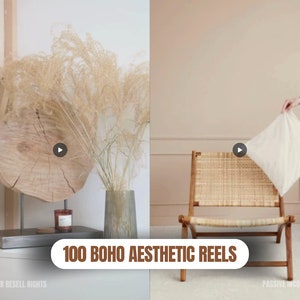 Puede incluir: Una silla de madera con un asiento tejido y un coj&iacute;n blanco. La silla est&aacute; frente a una pared rosa claro. El texto "100 BOHO AESTHETIC REELS" est&aacute; en primer plano de la imagen.