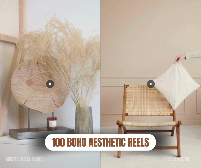 Puede incluir: Una silla de madera con un asiento tejido y un coj&iacute;n blanco. La silla est&aacute; frente a una pared rosa claro. El texto "100 BOHO AESTHETIC REELS" est&aacute; en primer plano de la imagen.