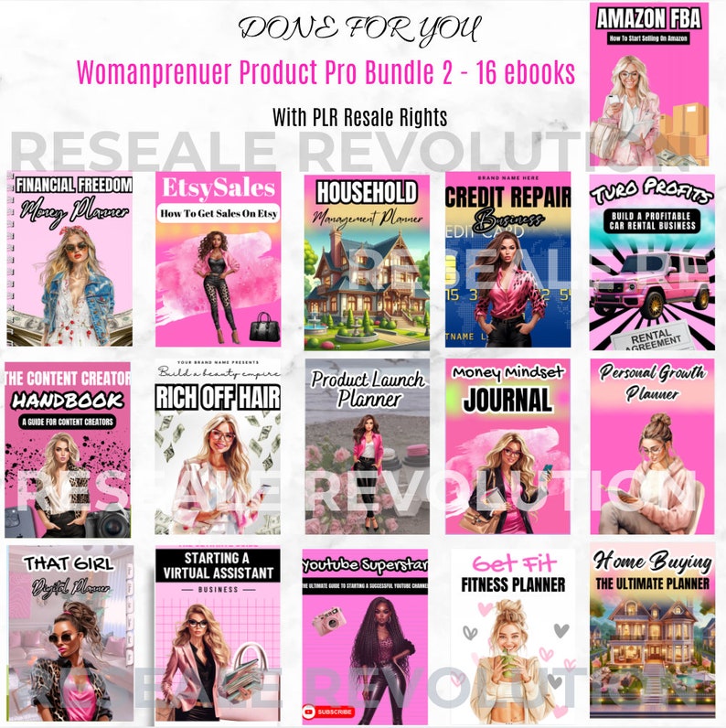 Puede incluir: Un collage de 16 portadas de libros electr&oacute;nicos con fondos rosas y blancos con ilustraciones de mujeres y varios objetos. Los t&iacute;tulos incluyen "Financial Freedom Money Planner", "Etsy Sales", "Household Management Planner", "Credit Repair Business", "Turo Profits", "The Content Creator Handbook", "Rich Off Hair", "Product Launch Planner", "Money Mindset Journal", "Personal Growth Planner", "That Girl Digital Mama", "Starting a Virtual Assistant Business", "Youtube Superstar", "Get Fit Fitness Planner", "Home Buying The Ultimate Planner" y "Amazon FBA".