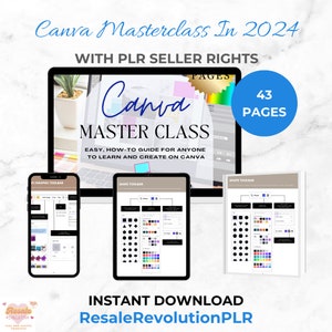 May include: A laptop computer screen displaying a Canva Masterclass course with 43 pages. The course is titled "Canva Master Class" and is described as an easy, how-to guide for anyone to learn and create on Canva. The image also shows two smaller screens displaying examples of Canva tools.