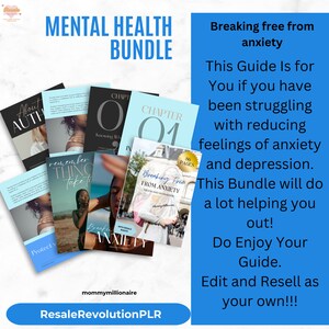 May include: A digital product bundle for mental health, featuring a blue and white cover with the text "Breaking Free From Anxiety" and a gold seal with the text "86 Pages". The bundle includes a guide to help reduce feelings of anxiety and depression. The text "Resale Revolution PLR" is visible at the bottom of the image.