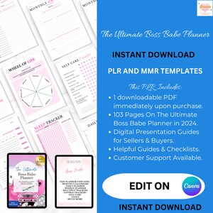 Puede incluir: Una lista de productos digitales para un planificador imprimible de 103 p&aacute;ginas. El planificador est&aacute; dise&ntilde;ado para mujeres e incluye una rueda de la vida, un rastreador del sue&ntilde;o, una lista de verificaci&oacute;n de autocuidado y calendarios mensuales. La lista incluye el texto "The Ultimate Boss Babe Planner", "Descarga instant&aacute;nea", "Plantillas PLR y MMR" y "Editar en Canva".