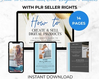 Puede incluir: Una maqueta de producto digital con un fondo azul y el texto "How to Create & Sell Digital Products" en blanco. El producto es una guía de 14 páginas para crear productos digitales. También se puede ver el texto "Instant Download" y "ResaleRevolutionPLR".