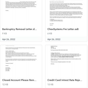 May include: Four screenshots of documents related to credit card accounts. The first document is a letter about removing a bankruptcy entry from a credit report. The second document is a letter about a credit reporting agency. The third document is a letter about a closed account. The fourth document is a letter about a credit card interest rate increase.