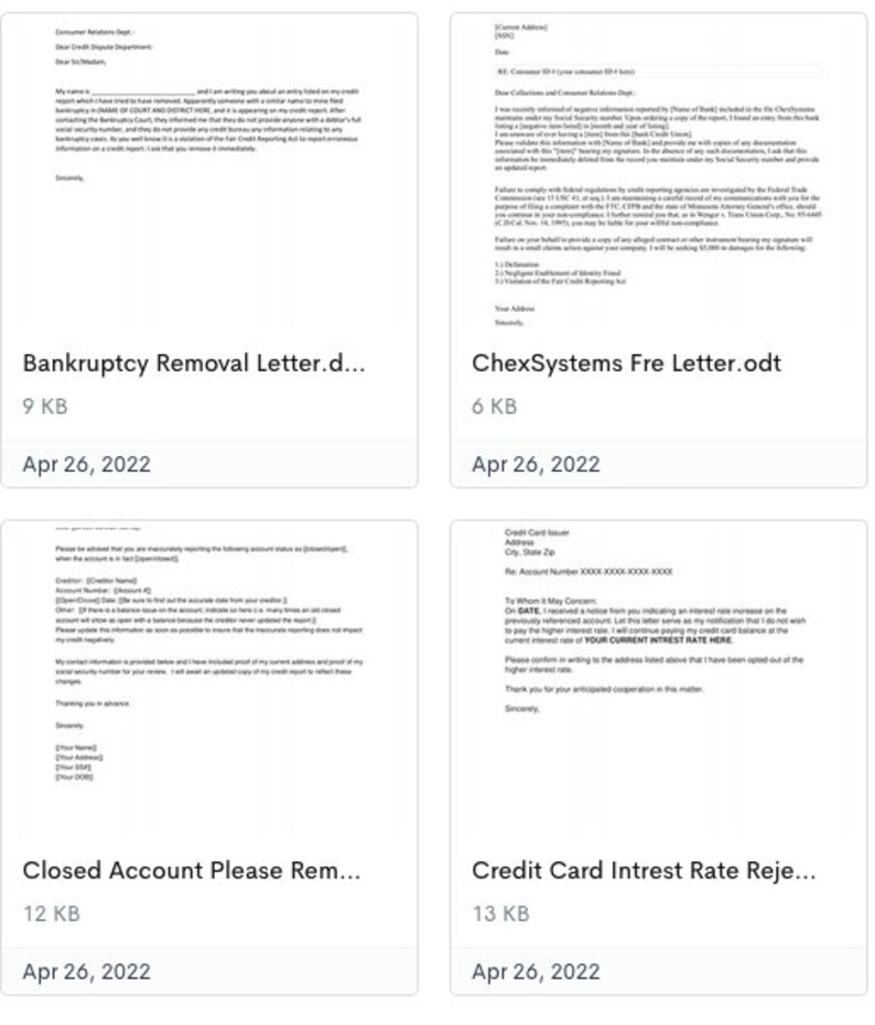 May include: Four screenshots of documents related to credit card accounts. The first document is a letter about removing a bankruptcy entry from a credit report. The second document is a letter about a credit reporting agency. The third document is a letter about a closed account. The fourth document is a letter about a credit card interest rate increase.