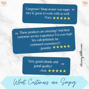 May include: A blue background with white text that reads "What Customers are Saying". Three customer reviews are displayed with quotes, star ratings, and the customer's name. The first review reads "Gorgeous! Shop owner was super nice & great to work with as well. -Tracy". The second review reads "These products are amazing! And best customer service experience I've ever had! We will definitely be continued customers!!! -Jennifer". The third review reads "Very good ebook and good quality! -Avis".