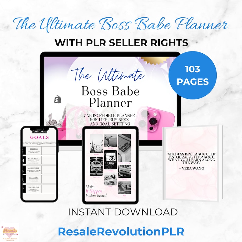 Puede incluir: Una maqueta de producto digital que presenta un planificador rosa y blanco con el texto "The Ultimate Boss Babe Planner" y "103 Pages". El planificador se muestra en la pantalla de una computadora port&aacute;til con un tablero de visi&oacute;n y una cita sobre el &eacute;xito en el lateral.