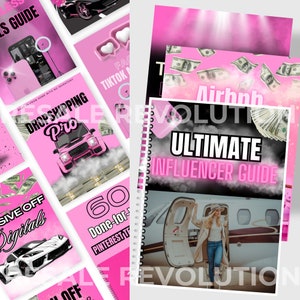 May include: A pink and black guide titled "Ultimate Influencer Guide" with a photo of a woman in a private jet. The guide is surrounded by images of money and luxury cars.
