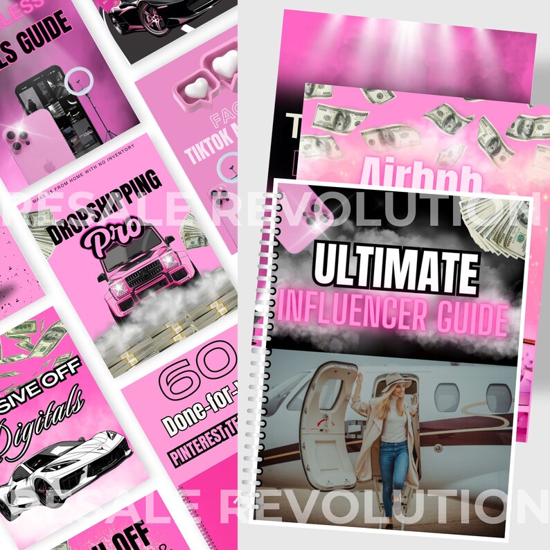 May include: A pink and black guide titled "Ultimate Influencer Guide" with a photo of a woman in a private jet. The guide is surrounded by images of money and luxury cars.