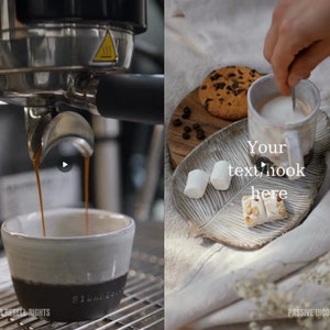 Puede incluir: Primer plano de una cafetera vertiendo espresso en una taza de cer&aacute;mica blanca. La taza tiene una banda negra alrededor de la parte inferior. El texto "Your text/hook here" se superpone a la imagen.