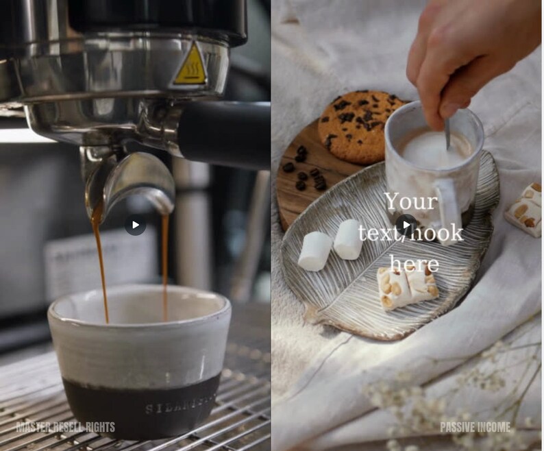 Puede incluir: Primer plano de una cafetera vertiendo espresso en una taza de cer&aacute;mica blanca. La taza tiene una banda negra alrededor de la parte inferior. El texto "Your text/hook here" se superpone a la imagen.