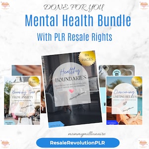 May include: A digital product bundle for mental health, featuring three ebooks with workbooks. The ebooks are titled "Breaking Free From Anxiety", "Healthy Boundaries", and "Overcoming Limiting Beliefs". Each ebook has a page count and a pink heart graphic. The bundle includes PLR resale rights.