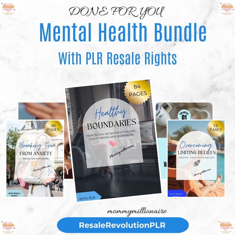 May include: A digital product bundle for mental health, featuring three ebooks with workbooks. The ebooks are titled "Breaking Free From Anxiety", "Healthy Boundaries", and "Overcoming Limiting Beliefs". Each ebook has a page count and a pink heart graphic. The bundle includes PLR resale rights.
