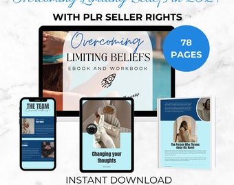 Könnte beinhalten: Ein digitales Produkt-Mockup mit drei verschiedenen Covern. Das Hauptcover ist blau und zeigt eine Frau, die sich an einem Pool entspannt. Der Text auf dem Cover lautet "Overcoming Limiting Beliefs Ebook and Workbook". Die beiden anderen Cover sind für digitale Produkte mit den Titeln "The Team" und "Changing Your Thoughts". Der Text "Sofortiger Download" und "ResaleRevolutionPLR" ist ebenfalls sichtbar.