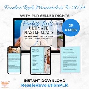 Könnte beinhalten: Ein digitales Produktcover mit einem blauen und weißen Design mit dem Text "Faceless Reels Ultimate Master Class" und "The Best Faceless Strategies for Viral Instagram Reels". Das Cover enthält auch ein Play-Button-Symbol und den Text "26 Seiten".