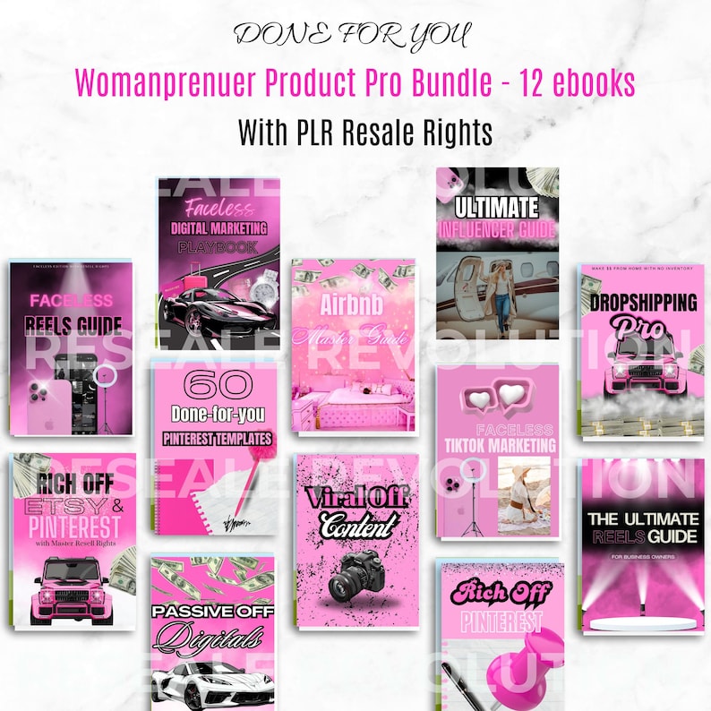 May include: A collage of 12 pink and white ebook covers with titles like "Faceless Digital Marketing Playbook", "Ultimate Influencer Guide", "60 Done-for-you Pinterest Templates", "Airbnb Master Guide", "Faceless TikTok Marketing", "Dropshipping Pro", "Rich Off Etsy & Pinterest", "Viral Off Content", "Passive Off Digitals", "Rich Off Pinterest", and "The Ultimate Reels Guide".