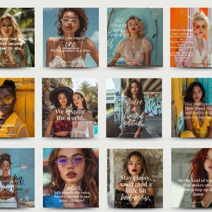 May include: A collage of 12 images featuring women with inspirational quotes about passive income, entrepreneurship, and self-empowerment. The images are set against colorful backgrounds and feature women wearing stylish clothing and accessories.