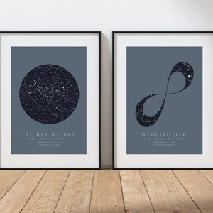 May include: Two framed prints with a blue background and white text. The left print shows a circle with a constellation map of the night sky. The text reads "The Day We Met" and a date. The right print shows an infinity symbol with a constellation map of the night sky. The text reads "Wedding Day" and a date.