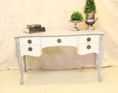 Ladies Writing Desk or Vanity Hand Painted Vintage Solid Wood Gray White French Country Farm House or Provincial Original Hardware